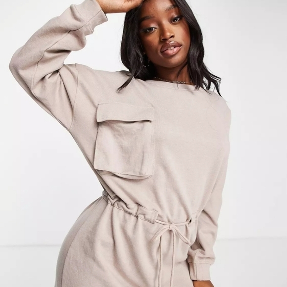 MISSGUIDED Pocket Detail Tie Waist Sweater Mini Dress Cream Tan Size 4 - Picture 2 of 12
